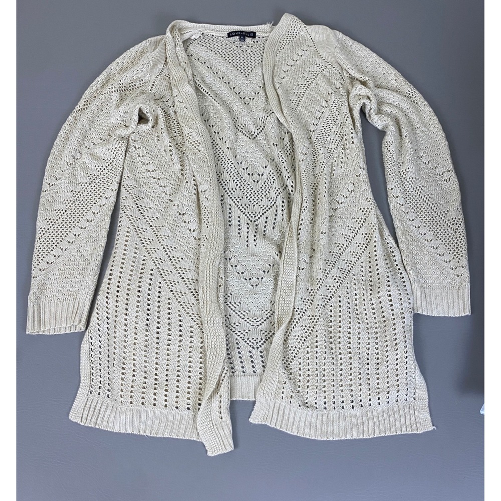 Love Ellie Cardigan Women's Size XL Cream Pointelle Open Crochet Knit Sweater